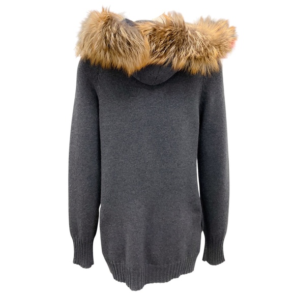 BRUNELLO CUCINELLI SLATE BLUE FOX FUR TRIM CASHMERE KNIT TOGGLE SWEATER - Picture 3 of 5